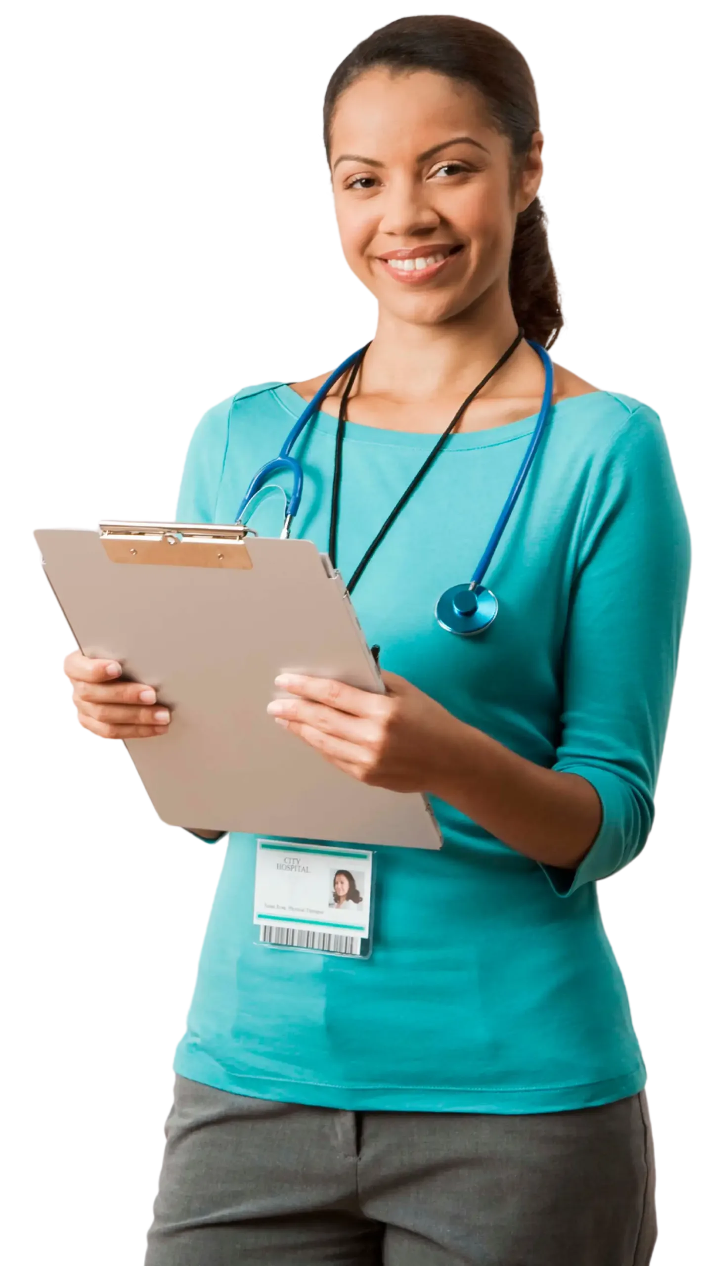 Experienced physical therapist standing confidently in a healthcare setting.